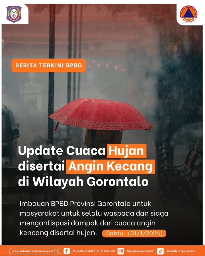 BPBD Provinsi Gorontalo Imbau Warga Waspada Hujan Lebat Disertai Angin Kencang, Sabtu 31 Januari 2026