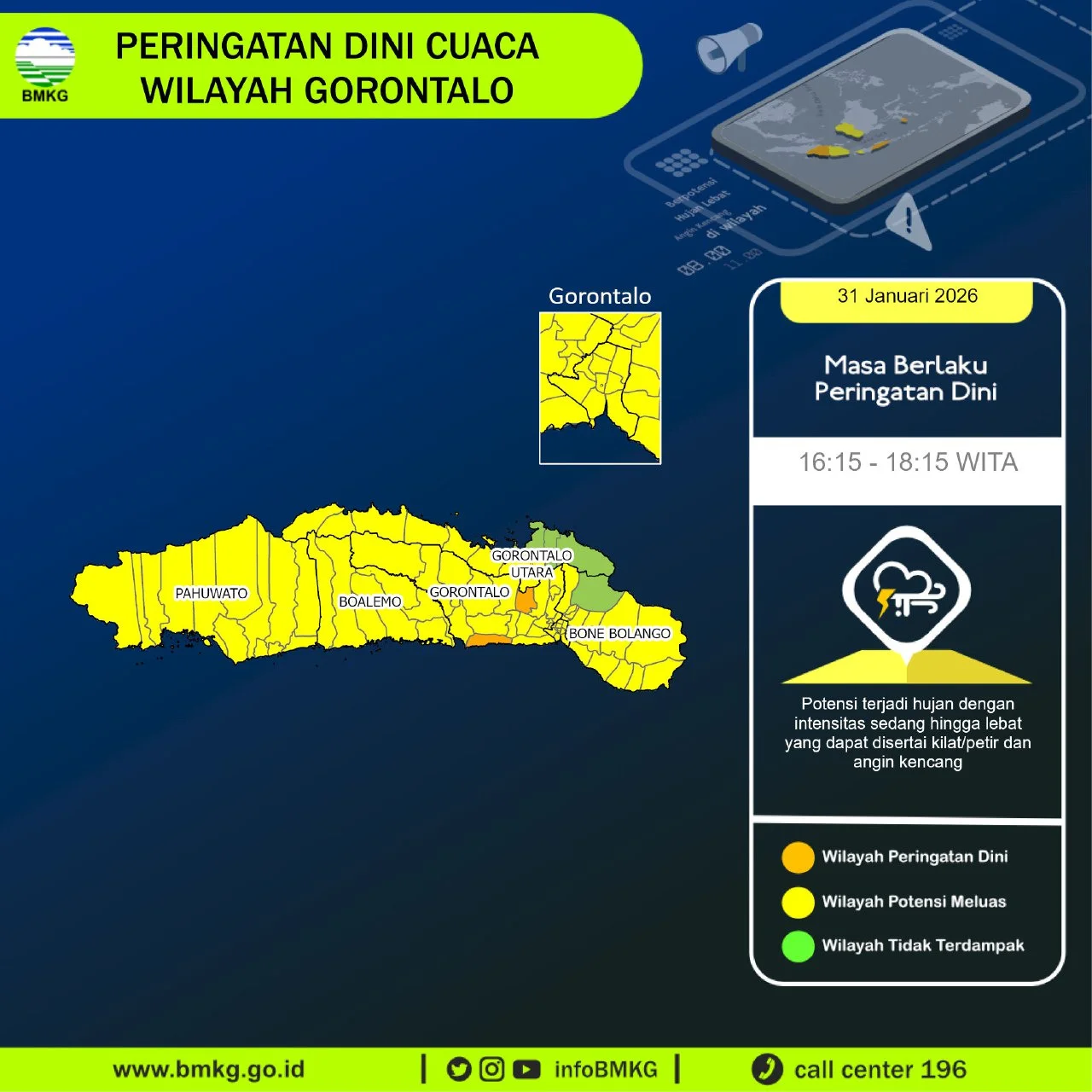 BPBD Provinsi Gorontalo Teruskan Peringatan Dini Cuaca dari BMKG, Sabtu 31 Januari 2026