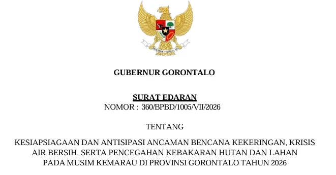 Gubernur Gorontalo Terbitkan Surat Edaran Siaga Kemarau 2026, BPBD Minta Daerah Perkuat Antisipasi Kekeringan dan Karhutla