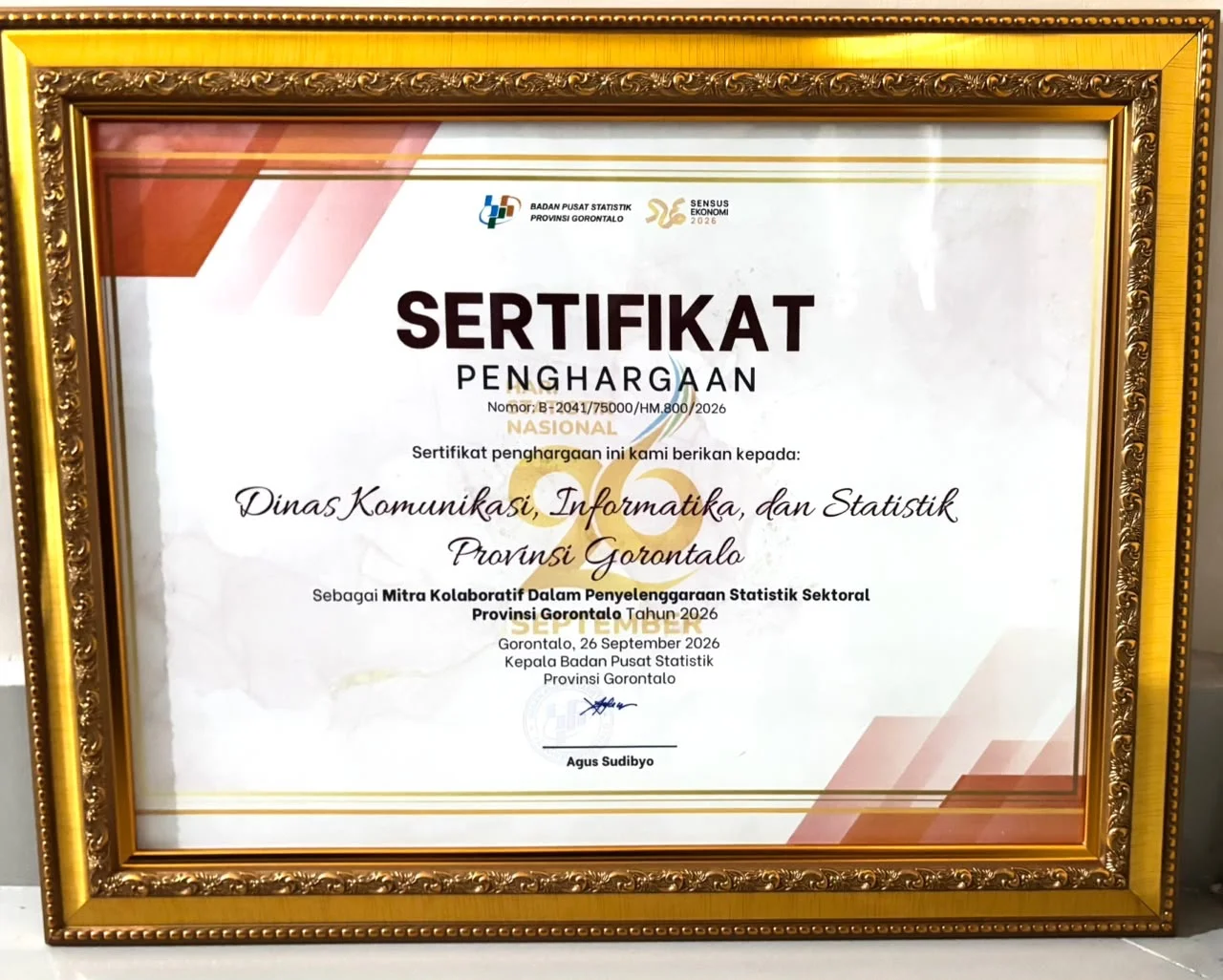 Diskominfotik Gorontalo Terima Penghargaan BPS atas Kolaborasi Statistik Sektoral