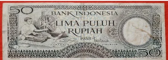 Uang Kertas 50 Rupiah Tahun 1958 bergambar Pemintal Benang